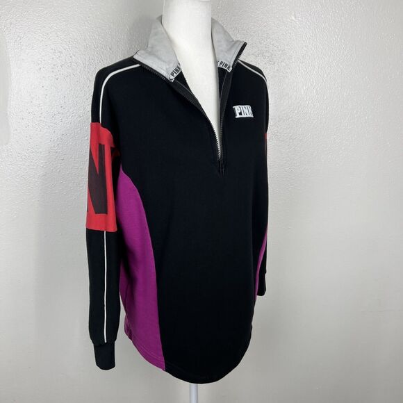 Pink Victoria's Secret Sweater Women Medium Black Colorblock Pullover 3/4 Zip - Picture 2 of 16